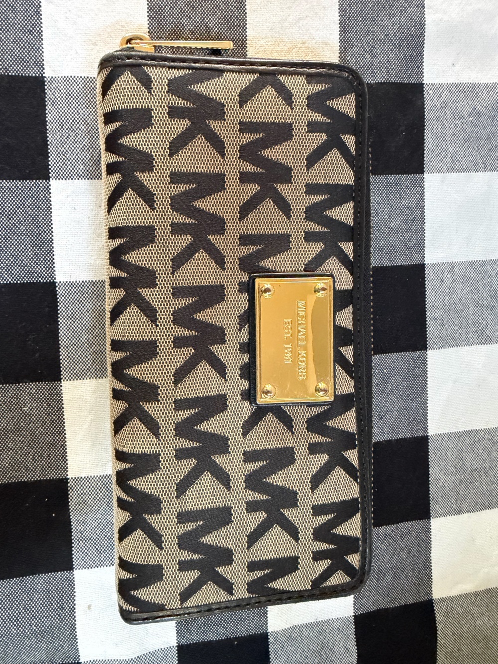 Michael Kors Beige and Black MK Monogram Crossbody with Gold Plaque